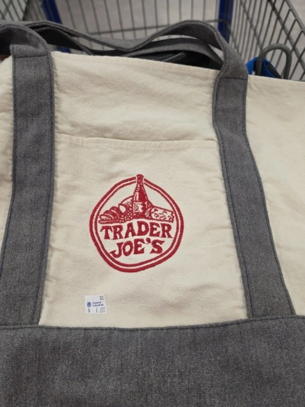 Trader Joe's Cream Canvas Tote with Gray Handles and Red Logo